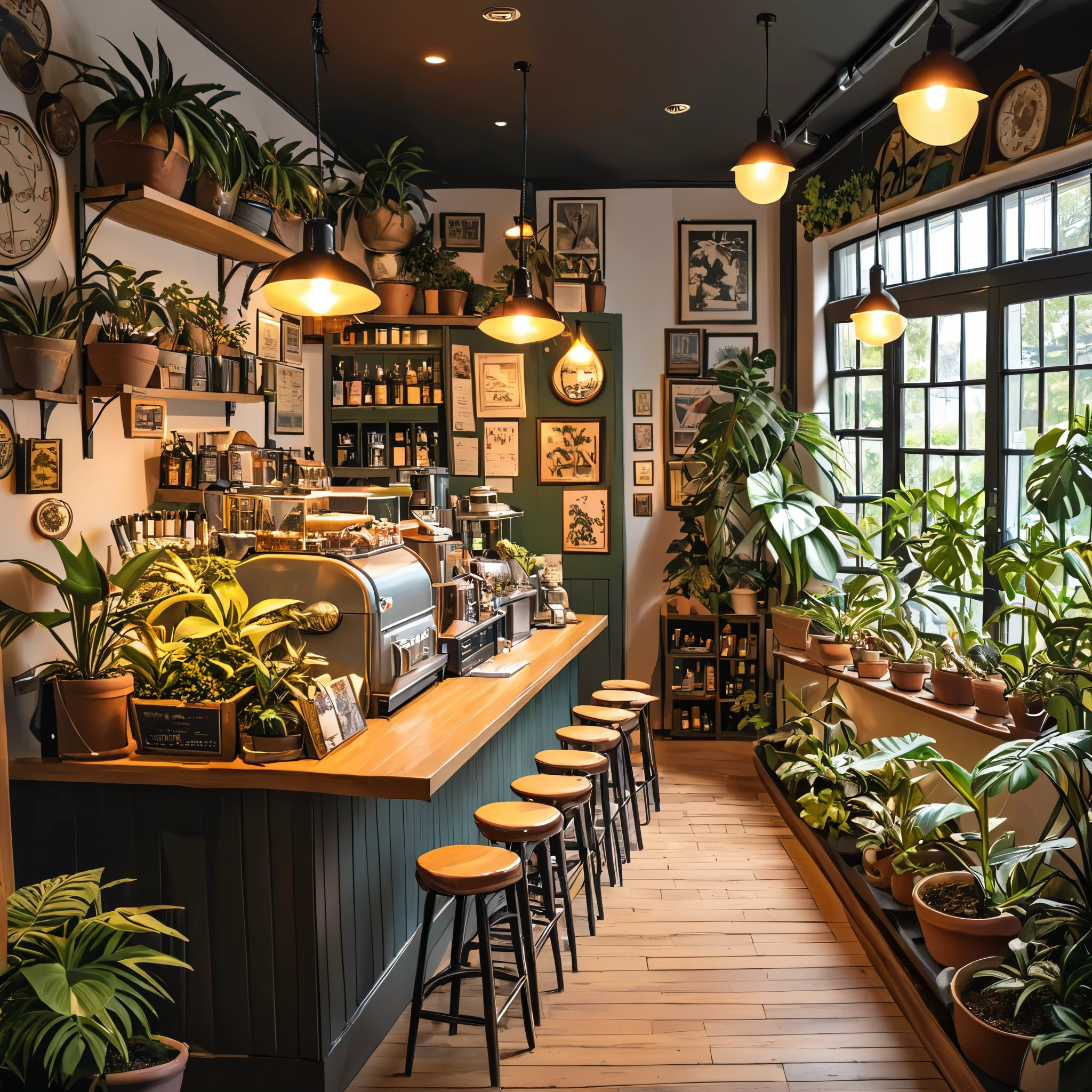 tilt-shift photography,(masterpiece, top quality, best quality),(ultra-detailed, absolutely resolution),((16k, high res)). (retro café and house plants, interior))