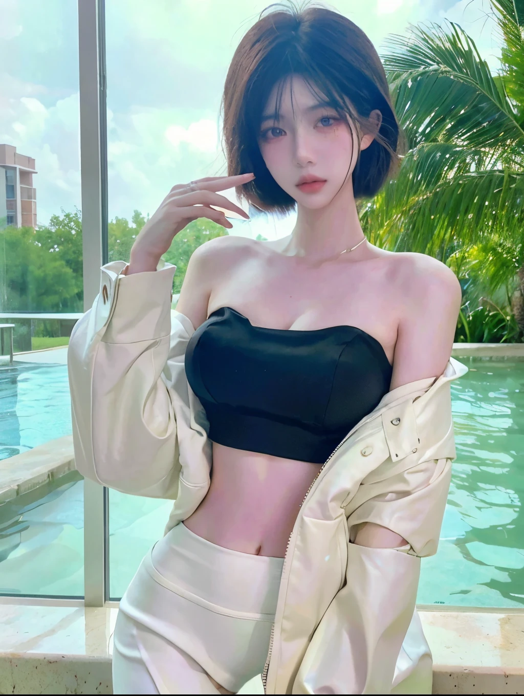 Beautiful woman with perfect figure:1.4,Layered hairstyle,White skin,Prominent cleavage,Bikini:1.5,Super short pleated skirt,whole body,Very delicate facial and skin texture,Double eyelids,Skin Whitening,Long white hair