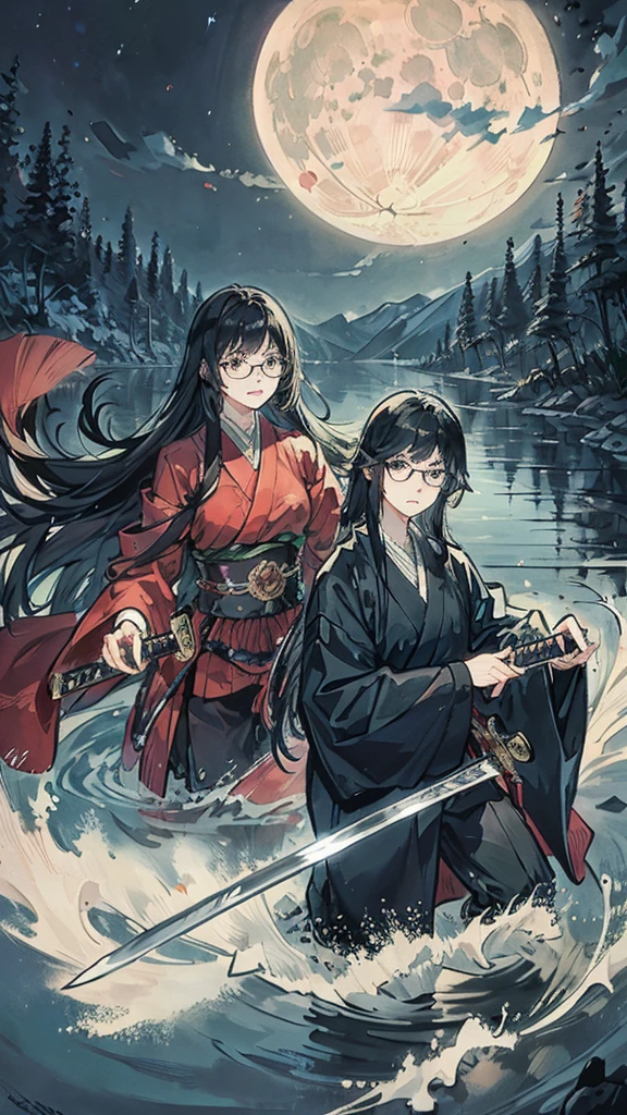 Black Hair　Straight Hair　Long Hair　Glasses　Japanese sword　moon　night　lake　One girl