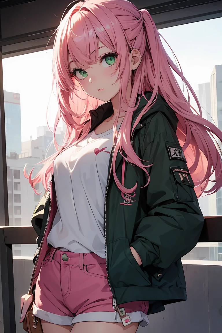 ((1 girl)), Latest Fashion Trends ,Open chest,Jacket ,T-Shirts, Shorts,((Very detailed,highest quality, High resolution, 8k wallpaper, Beautiful clothes,)),((Pink Hair, Long Hair,Straight hair,Both sides up)) ,(Green Eyes),eye shadow, eyeliner,Glow Eye, Very detailedな目, Complex eyes, Beautiful Eyes, 輝くGreen Eyes,18-year-old girl, peek