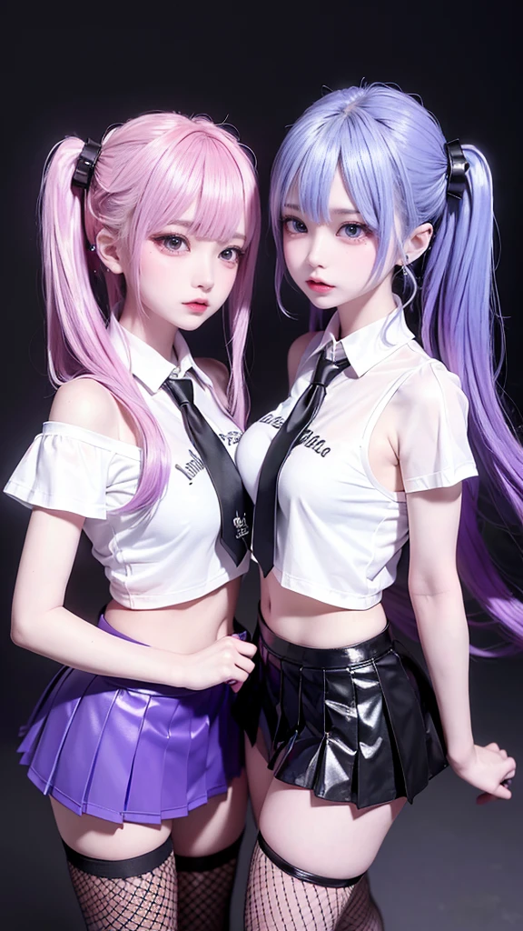 (masterpiece, best quality, best quality, Official Art, beautiful and aesthetic:1.2), (2 girls:1.8), movie lighting、(Key Light:Front diagonal 45 degrees, Fill Light、Backlight、shadow、Blue and orange color palette), accurate human body、Detailed personnel、correct five fingers、RAW photos、 4K - Ultra-realistic、best quality, masterpiece, Ultra-high resolution, (Reality: 1.4),
1 girl、/Black hair/、(((/Black and purple super shiny latex panties/)))、((( /dark skin/ , /White shirt with tie/ , high school、Pleated Skirt , Oily skin)))、(Shiny body: 1.5)、 Please be shy、(ahegao:1.5)、((/Black Mask/))、full of embarrassment、Sexy pose、((steam))、/rest/, On a love hotel bed、(((ultra violet light、/Fluorescent black light lighting/)))、Dim lighting, Obscene Room、The air in the room is not saturated
(((Oily skin,Shiny skin、Realistic skin texture、Delicate and beautiful skin、shiny skin、shiny skin)))、
Upper body shooting, Low camera angle, Depth of writing boundaries, Focus on the center, beautiful eyes, Perfect face and eyes、
1 girl、
, (Gothic Makeup), (White skin), (T-shirts and skirts), (Displayed as follows ), (fishnet tights), (Belly button jewelry), (Ear piercing), (Piercing of lips Perforated), /Purple Eyes/, /Kuroiu short hair/, (Large Breasts), (8K), (wallpaper), (Dynamic Lighting), (Detailed face and eyes:1.2)、Short skirt、Low-top platform boots and an oversized shirt、Off-shoulder, /rest/Two girls