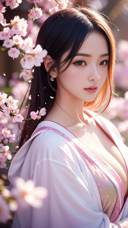 photography of Japanese model beautiful breasts in white robe, colorful light and shadow, blurred motion, colorful, double exposure, colorful background, dreamy, fantasy, soft lighting, vibrant colors, long shot, portrait, surreal photography, glitter dust, cherry blossom flower bokeh light