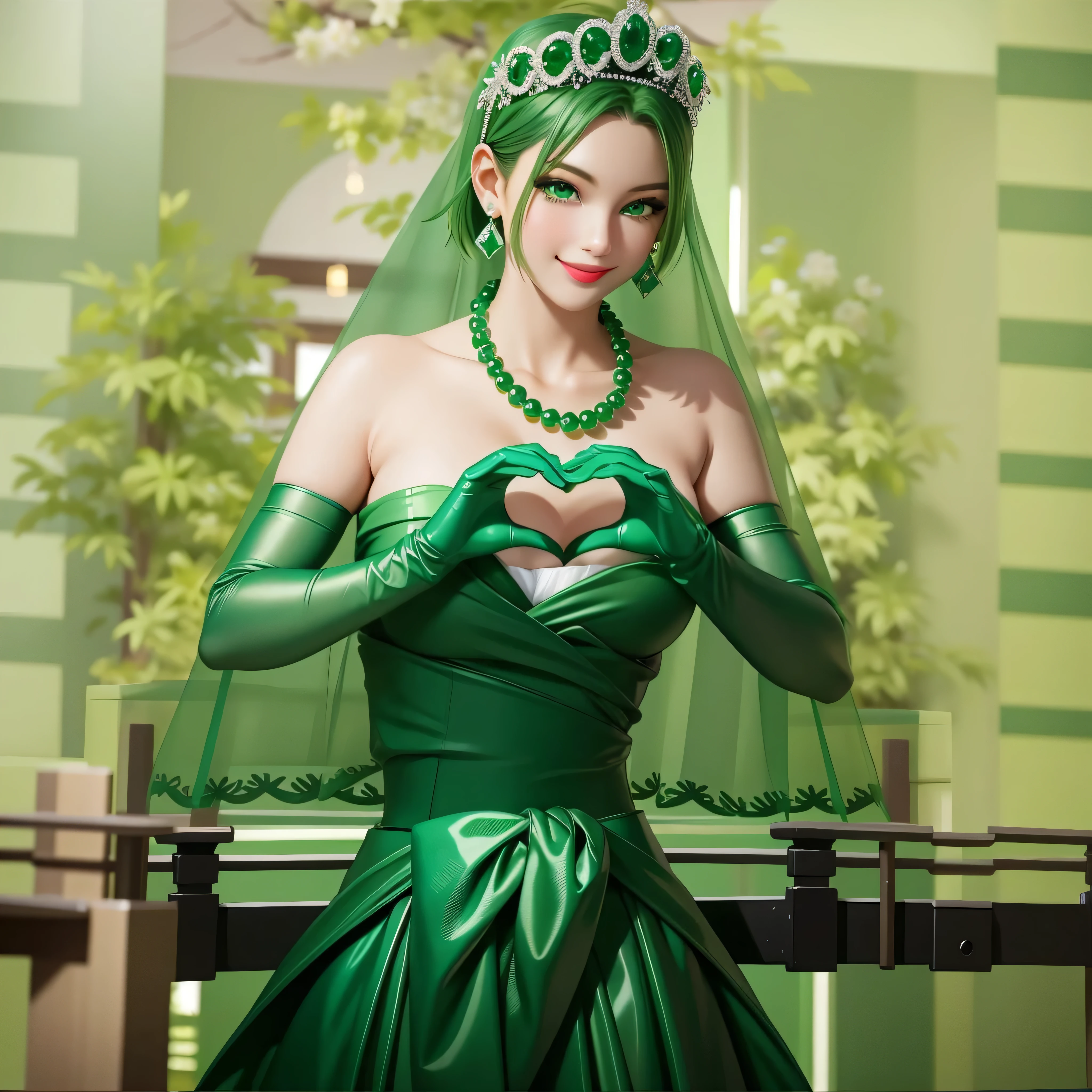 Emerald tiara, Green Pearl Necklace, Boyish very short green hair, Green Lips, Smiling Japanese woman, Very short hair, Busty beautiful lady, Green Eyes, Green satin long gloves, Green Eyes, Emerald Earrings, Green veil, Heart with both hands, Green Hair, Beautiful Japanese Women, Heart shaped hands:1.3, green lip gloss