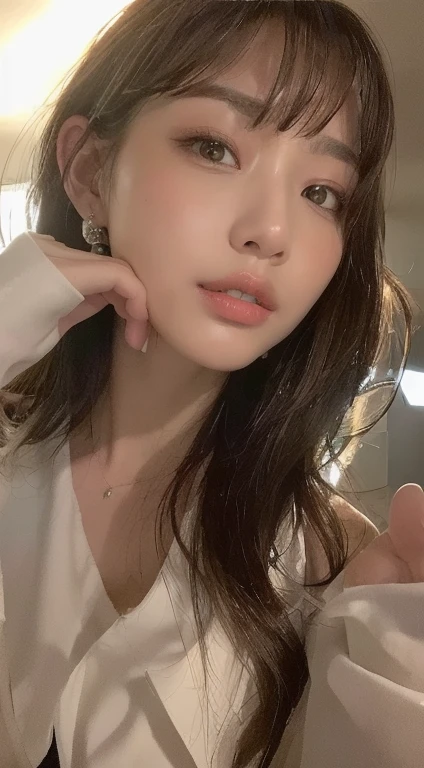 ((best quality, 8K, masterpiece :1.3)), whole body, Clear focus :1.2, Beautiful woman with perfect body :1.4, Slim abs :1.2, ((Dark brown hair, Large Breasts :1.2)), Jumpsuits :1.1, (City night scene, modern balcony :1.1), Highly detailed face and skin textures, delicate eyes, Double eyelids, Smaller bust, OL, office Wear, White T-shirt, Cleavage exposed, (Black tights), (No panties), Interior scene, office