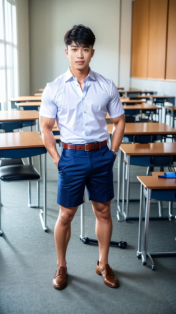 Masterpiece, best quality, High quality, วอลล์เปเปอร์ CG unity 8k ที่มีvery detailed, depth of field, HDR,,photorealistic,very detailed, 1 man sitting on a chair, Asia, black short hair, , (Thai , white shirt), blue cargo shorts, chest muscles, Big arm muscles, blood vessel, big muscles, Broad shoulders, looking at the audience, Balancing the eyes, (Make eye contact) (In a modern classroom:1.3)