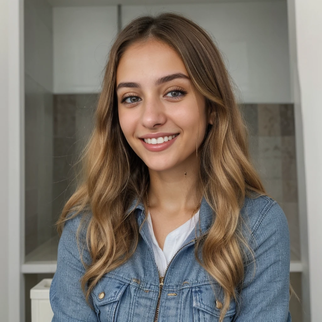one cute women, 22YO, white, Arab, cute face, realistic brown eyes, blue jacket, blonde/brown hair, cute smile, skinny face, white realistic teethes, big eyes, long hair