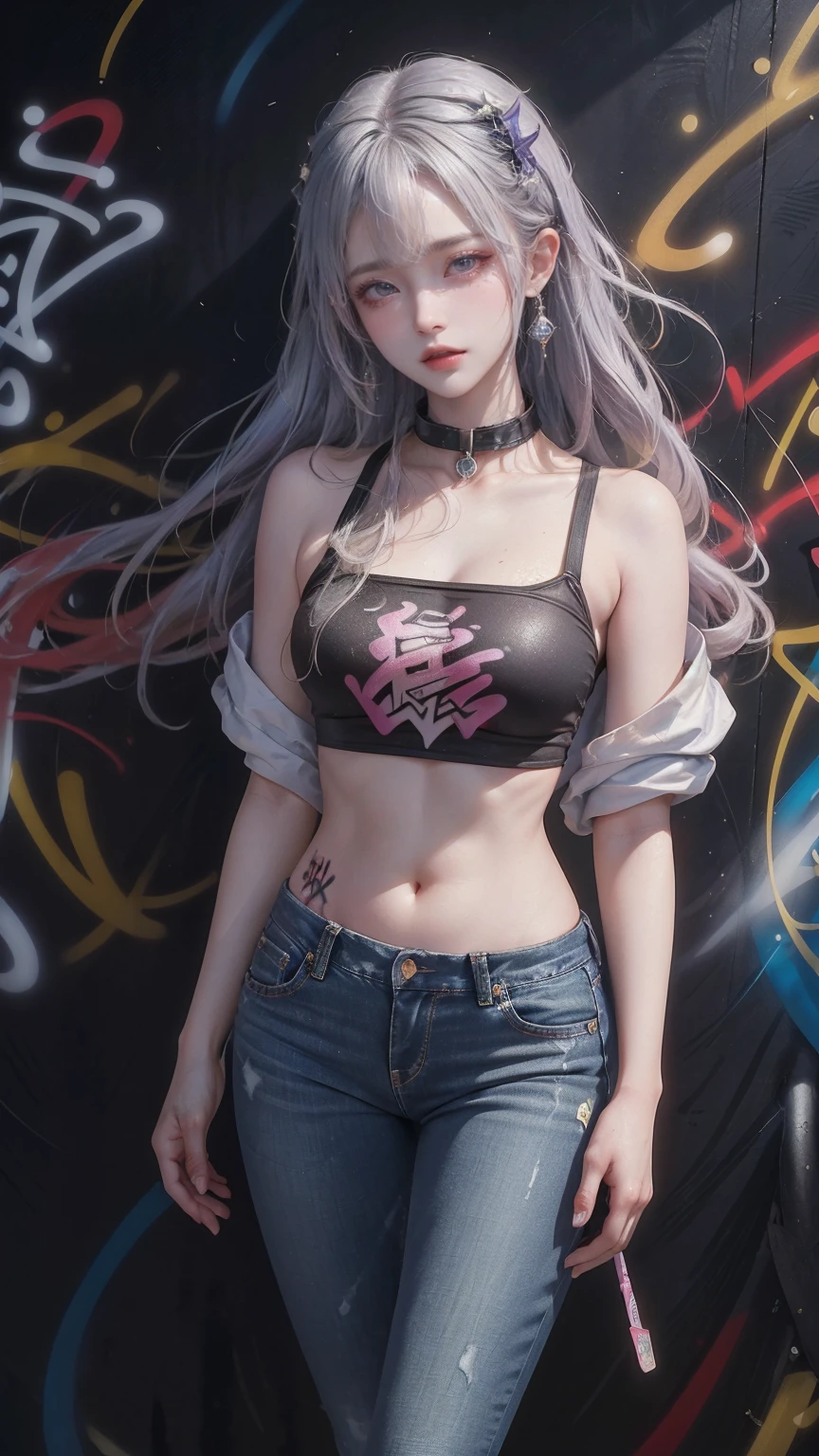 Kamisato Ayaka|Genshin Impact, masterpiece, best quality, 1 girl,25 years old, proportional body, Long legs, beautiful, proportional., Crop Top, Long jeans, Medium breasts, ,only, Crop Top, collar, (Graffiti:1.5), Splash with purple lightning pattern., Put your hands behind your back, Against the wall, View viewers From the front., Thigh straps, Head tilt, boring,(National Technology Development Agency.:1.2), (10, best quality, masterpiece: 1.4), beautiful red hair, Ultra-high resolution, (lifelike, lifelike的肖像: 1.48), (View through Crop Top.), Famous Japanese actors, beautiful clear eyes, Head tilt, Cowboy shooting, From the front, looking at the audience, poker face, beautiful lake, Zeiss 150mm f/2.0/ 2.8 Hasselblad, whole body, foot, Ultra wide angle,