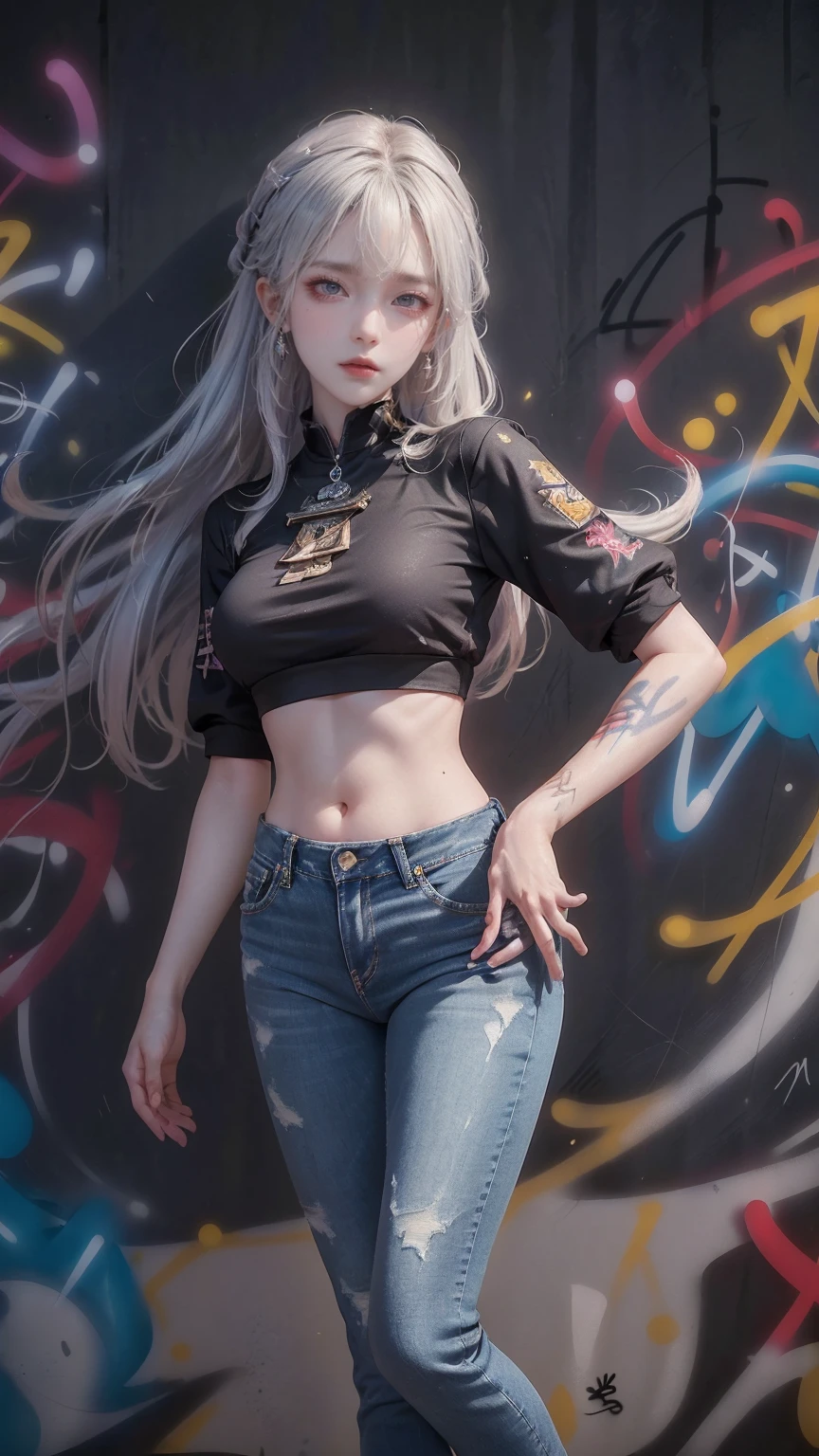 Kamisato Ayaka|Genshin Impact, masterpiece, best quality, 1 girl,25 years old, proportional body, Long legs, beautiful, proportional., Crop Top, Long jeans, Medium breasts, ,only, Crop Top, collar, (Graffiti:1.5), Splash with purple lightning pattern., Put your hands behind your back, Against the wall, View viewers From the front., Thigh straps, Head tilt, boring,(National Technology Development Agency.:1.2), (10, best quality, masterpiece: 1.4), beautiful red hair, Ultra-high resolution, (lifelike, lifelike的肖像: 1.48), (View through Crop Top.), Famous Japanese actors, beautiful clear eyes, Head tilt, Cowboy shooting, From the front, looking at the audience, poker face, beautiful lake, Zeiss 150mm f/2.0/ 2.8 Hasselblad,  whole body, foot, Ultra wide angle,