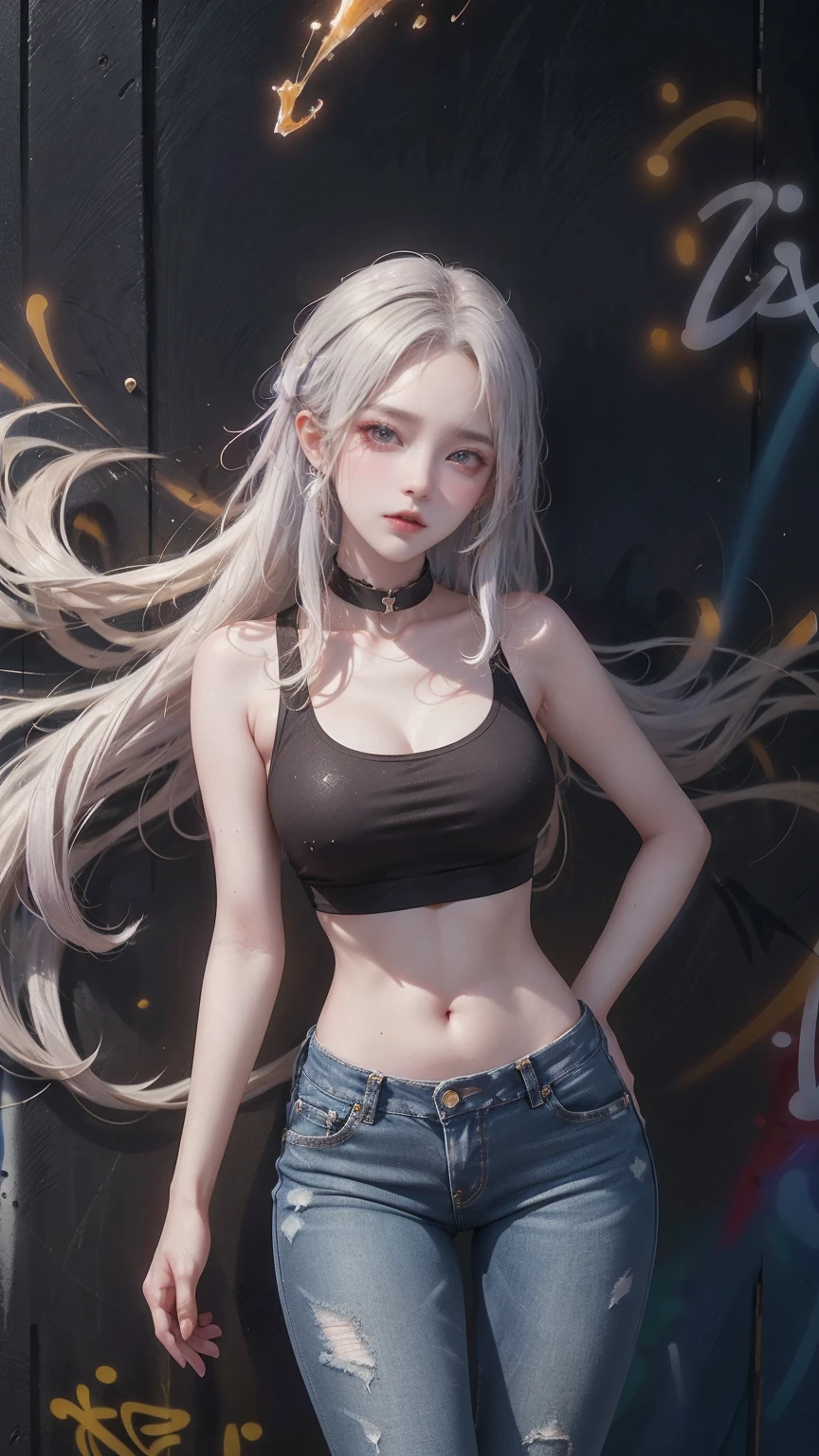 Kamisato Ayaka|Genshin Impact, masterpiece, best quality, 1 girl,25 years old, proportional body, Long legs, beautiful, proportional., Crop Top, Long jeans, Medium breasts, ,only, Crop Top, collar, (Graffiti:1.5), Splash with purple lightning pattern., Put your hands behind your back, Against the wall, View viewers From the front., Thigh straps, Head tilt, boring,(National Technology Development Agency.:1.2), (10, best quality, masterpiece: 1.4), beautiful red hair, Ultra-high resolution, (lifelike, lifelike的肖像: 1.48), (View through Crop Top.), Famous Japanese actors, beautiful clear eyes, Head tilt, Cowboy shooting, From the front, looking at the audience, poker face, beautiful lake, Zeiss 150mm f/2.0/ 2.8 Hasselblad, whole body, foot, Ultra wide angle,