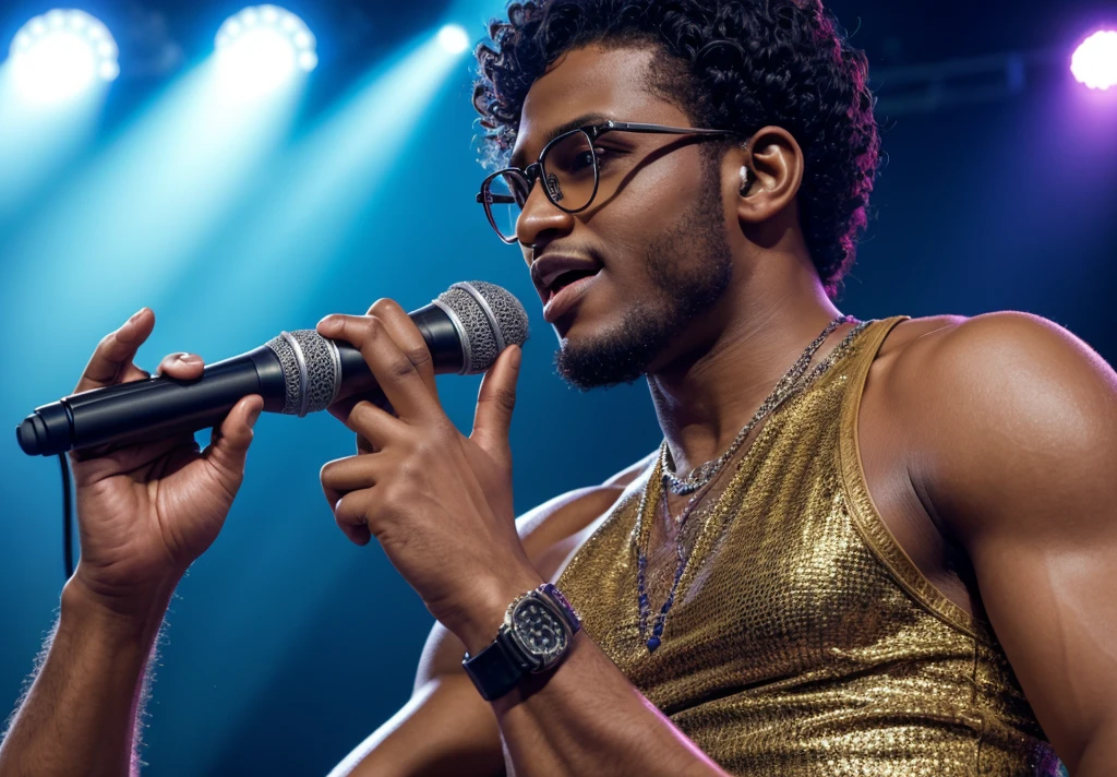 Short curly hairstyle, A fair-skinned man wearing glasses, masterpiece, highest quality, Realistic, Very detailed, Concert, Male singer singing on a microphone, Head to the right, Impressive, rock star , rock concert