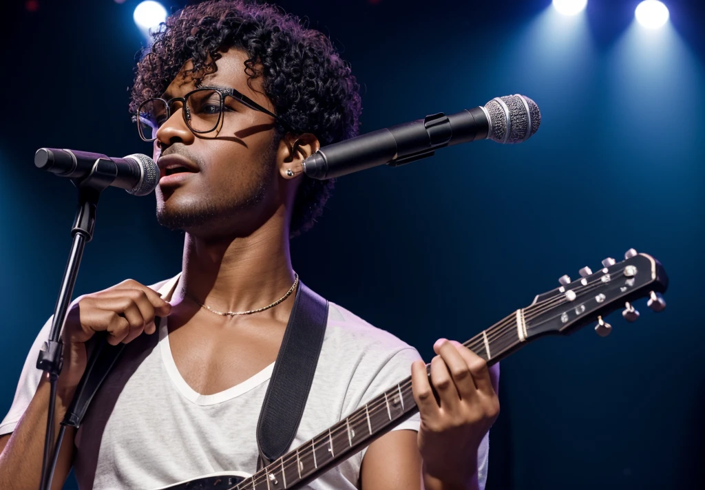 Short curly hairstyle, A fair-skinned man wearing glasses, masterpiece, highest quality, Realistic, Very detailed, Concert, Male singer singing on a microphone, Head to the right, Impressive, rock star , rock concert