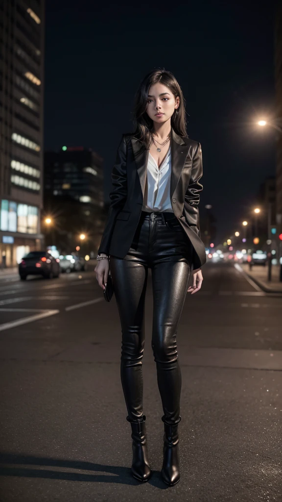 Imagine a model dressed in a stylish, contemporary outfit. She is wearing a tailored black blazer over a crisp white blouse, paired with high-waisted, slim-fit jeans that accentuate her silhouette. Her look is completed with sleek black ankle boots, adding an element of elegance. The model accessorizes with a minimalist silver necklace and a sophisticated wristwatch, enhancing her polished appearance. She poses confidently in front of an urban backdrop, featuring a modern cityscape at dusk. The buildings are illuminated by the warm glow of streetlights, casting a soft light that creates a chic and metropolitan aesthetic. The scene captures the essence of urban sophistication, blending fashion with the dynamic energy of the city.