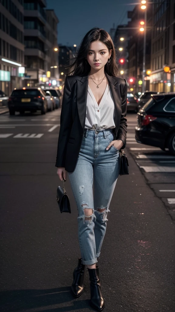 Imagine a model dressed in a stylish, contemporary outfit. She is wearing a tailored black blazer over a crisp white blouse, paired with high-waisted, slim-fit jeans that accentuate her silhouette. Her look is completed with sleek black ankle boots, adding an element of elegance. The model accessorizes with a minimalist silver necklace and a sophisticated wristwatch, enhancing her polished appearance. She poses confidently in front of an urban backdrop, featuring a modern cityscape at dusk. The buildings are illuminated by the warm glow of streetlights, casting a soft light that creates a chic and metropolitan aesthetic. The scene captures the essence of urban sophistication, blending fashion with the dynamic energy of the city.
