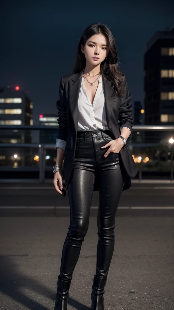 Imagine a model dressed in a stylish, contemporary outfit. She is wearing a tailored black blazer over a crisp white blouse, paired with high-waisted, slim-fit jeans that accentuate her silhouette. Her look is completed with sleek black ankle boots, adding an element of elegance. The model accessorizes with a minimalist silver necklace and a sophisticated wristwatch, enhancing her polished appearance. She poses confidently in front of an urban backdrop, featuring a modern cityscape at dusk. The buildings are illuminated by the warm glow of streetlights, casting a soft light that creates a chic and metropolitan aesthetic. The scene captures the essence of urban sophistication, blending fashion with the dynamic energy of the city.