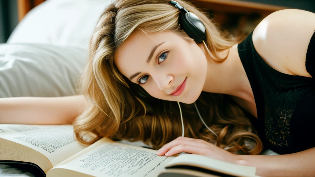 Beautiful blonde with big breasts in a black dress (Reading a book in bed late at night),Wearing headphones,Very detailed, 21 years old, Innocent face, Naturally Wavy Hair, blue eyes, High resolution, masterpiece, highest quality, Intricate details, Very detailed, Clear focus, Delicate skin, practical skin texture, texture, Delicate eyes, Professional, 4K, Cute Smile, Shot with Canon, 85mm, Shallow and deep, Kodak Vision Color, Exactly, Very detailed, photograph_\(Extremist\), photographpractical, practical, Post-processing, Maximum details, Roughness, Real Life, Extremist practical, Photorealism, photographgraphy, 8K Ultra HD, photographgraphy