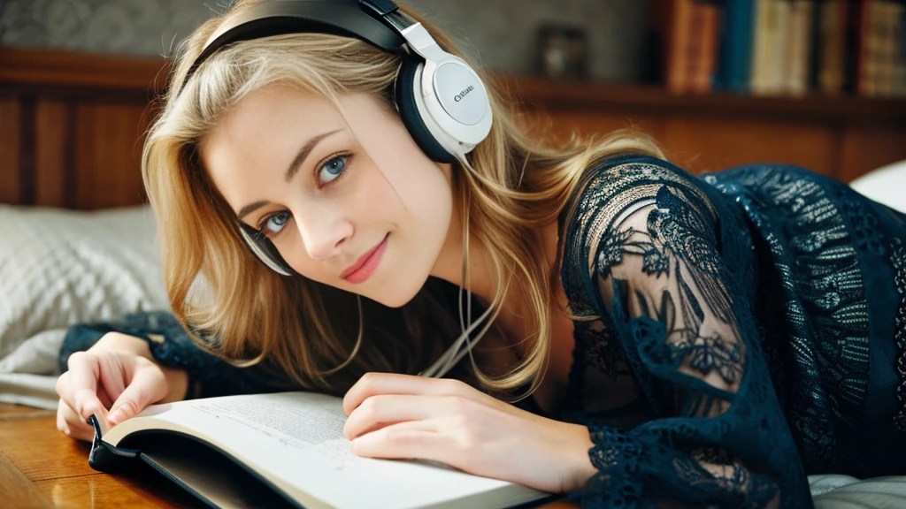 Beautiful blonde with big breasts in a black dress (Reading a book in bed late at night),Wearing headphones,Very detailed, 21 years old, Innocent face, Naturally Wavy Hair, blue eyes, High resolution, masterpiece, highest quality, Intricate details, Very detailed, Clear focus, Delicate skin, practical skin texture, texture, Delicate eyes, Professional, 4K, Cute Smile, Shot with Canon, 85mm, Shallow and deep, Kodak Vision Color, Exactly, Very detailed, photograph_\(Extremist\), photographpractical, practical, Post-processing, Maximum details, Roughness, Real Life, Extremist practical, Photorealism, photographgraphy, 8K Ultra HD, photographgraphy