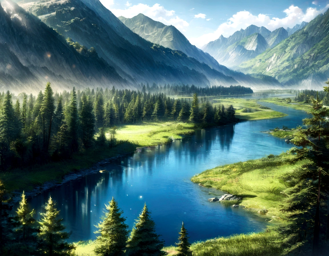 landscape, summer, clear stream, forest, uninhabited, river, blue sky, nobody, mountains in the distance, HD detail, ultra detail, film, hyperrealism, soft light, deep focus bokeh, ray tracing, hyper realism. , Art Station pixiv Gwise, Makoto Shinkai, Art Germ