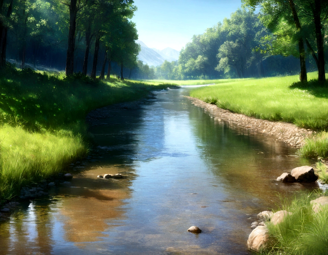 landscape, summer, clear stream, forest, uninhabited, river, blue sky, nobody, mountains in the distance, HD detail, ultra detail, film, hyperrealism, soft light, deep focus bokeh, ray tracing, hyper realism. , Art Station pixiv Gwise, Makoto Shinkai, Art Germ