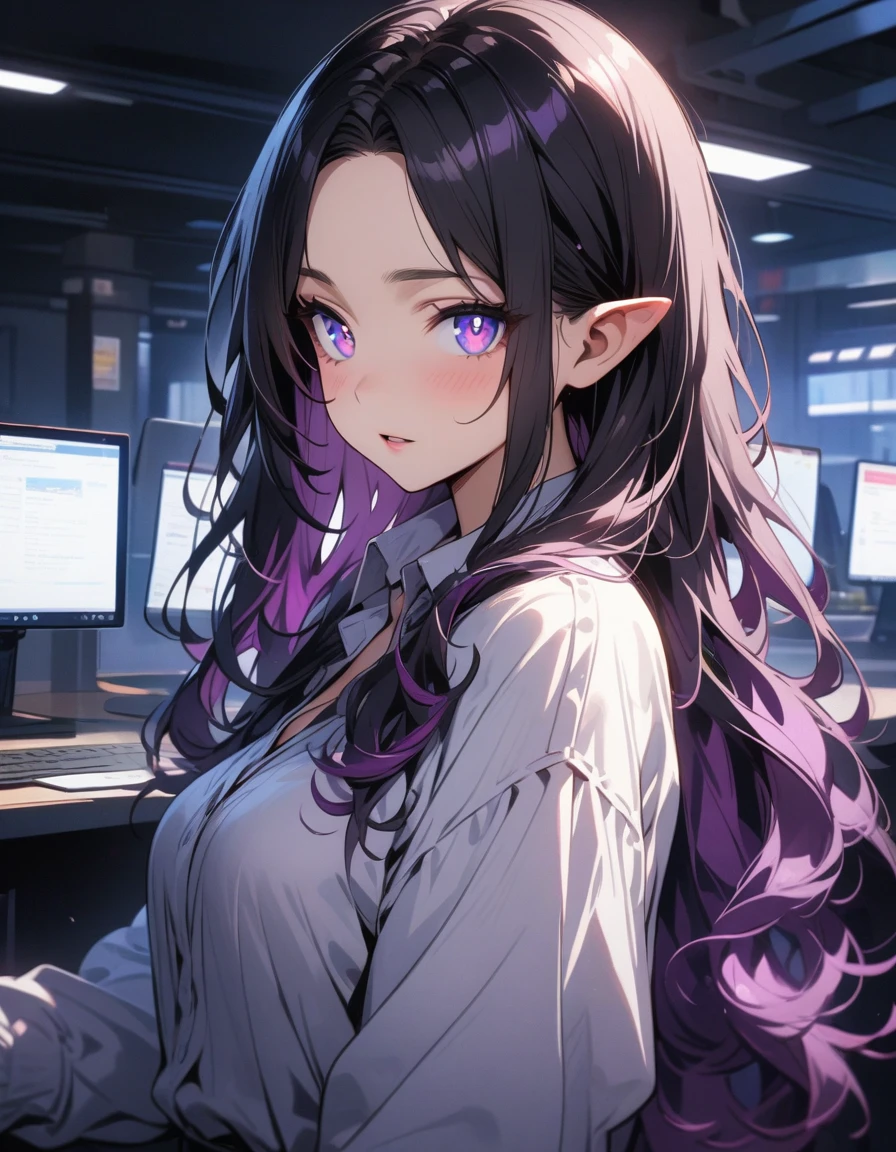 ((highest quality, masterpiece, ultra high definition, high resolution)), ((ultra-detailed illustrations:1.2)), 1 girl, solo, anime style, beautiful hair, parted bangs, loose hair, long hair, black hair, dark purple hair, multi colored hair, beautiful detailed eyes, beautiful detailed pupils, violet eyes, looking at viewer, pointed ears, mid-chest, white shirt, collared shirt, long sleeves, black mini skirt, pantyhose, shiny skin, shiny, indoor, office