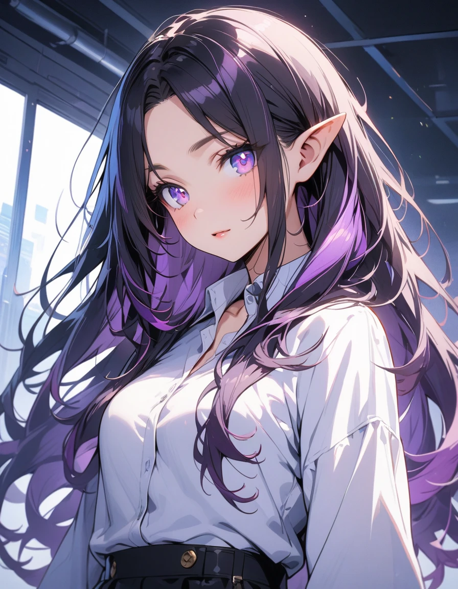 ((highest quality, masterpiece, ultra high definition, high resolution)), ((ultra-detailed illustrations:1.2)), 1 girl, solo, anime style, beautiful hair, parted bangs, loose hair, long hair, black hair, dark purple hair, multi colored hair, beautiful detailed eyes, beautiful detailed pupils, violet eyes, looking at viewer, pointed ears, mid-chest, white shirt, collared shirt, long sleeves, black mini skirt, pantyhose, shiny skin, shiny, indoor, office