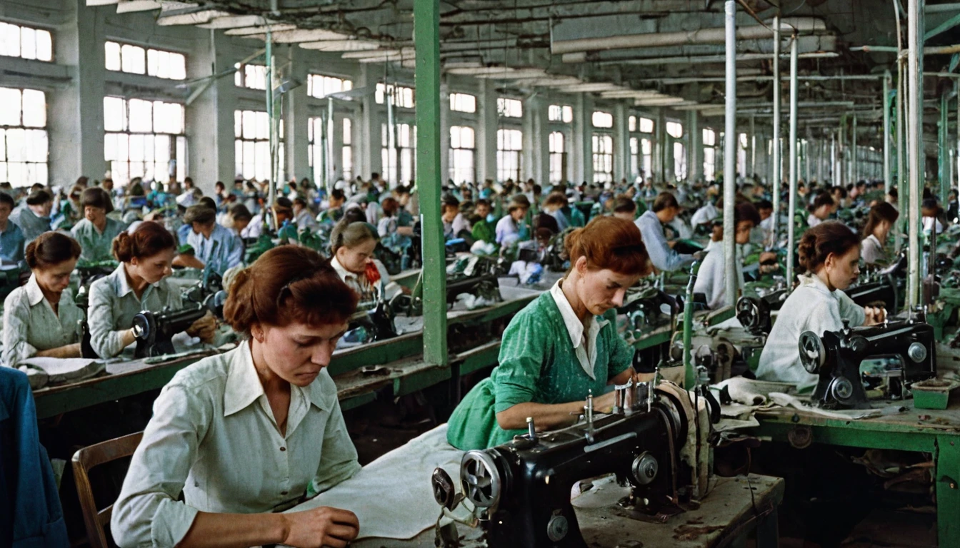 color photograph of a garment factory in the USSR in the 1980s. high detail