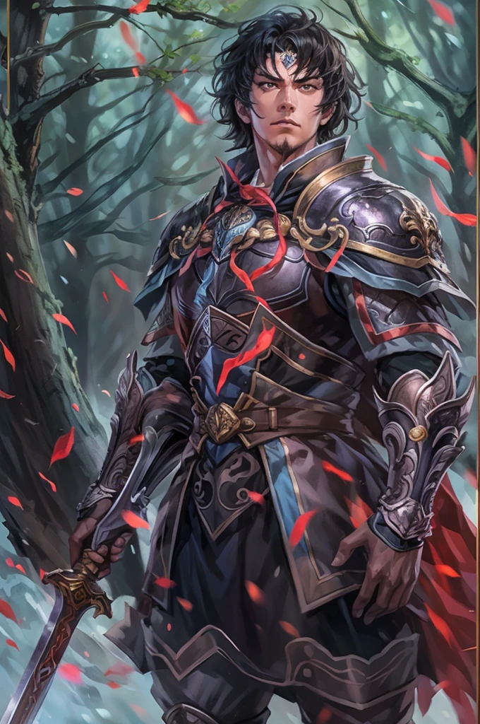 8K,knight with sword,Gorgeous extra large armor(The elaborately crafted coat of arms of a nobleman),classy pants,ultra high resolution,surreal,realistic skin,Black hair short hair,big red eyes,muscular body,Purfluz,background,battlefield,waist armor,delicate hands, Perfect hand shape, character art,Battle scenes,action scene,action pose,masterpiece,Realistic RAW photos of the highest quality。bright colors,rich colors, backlight, movie lights, film grain, born, 50mm lens, Nikon D850,realistic skin,fantasy art,character art,ultra high resolution,realistic scale skin,forage,laugh,dynamic pose,action pose,holding it for a long time, bayonet, Male 1