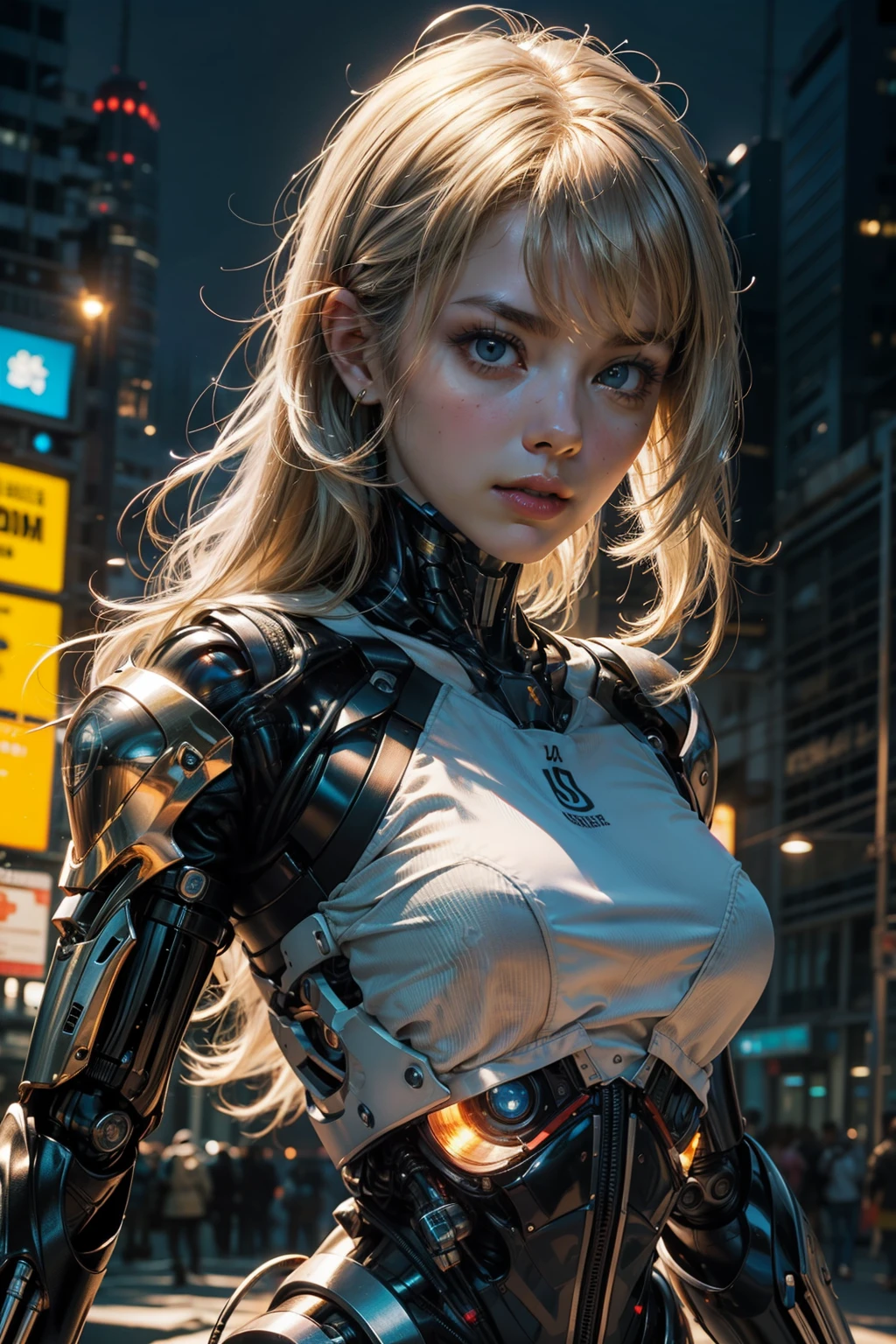 ((1 cyber girl in front of the camera)) (Mechanically made limbs:1.2),((mechanical limbs)),(Blood Vessels Attached to Tubes),(mechanical vertebra attaching to the back),((mechanical cervical attachment to the neck)),,(alambres y cables que se fijan al cuello:1.2),(alambres y cables en la cabeza:1.2),(Enfoque del personaje), ((Disparo de vaquero)), (Obra maestra), (((La mejor calidad))), ((Ultra detallado)), (Highly detailed CG illustration), ((un extremadamente delicado y hermoso)),Kinematic ,Science-Fiction,Extremadamente detallado,De color,highest detailed, Loongs,Fengs, Antecedentes de la ciudad cyberpunk.,luces de neon , pelo de colores, mucha robotica,partes mechanic,white hair all gold ,young woman cyborg ,long hair white
