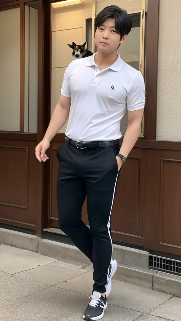 The body is fat、Shiba Inu、The posture is like begging.,
Posture is standing、Posture is upright、The camera is taken from a little distance.、The face is facing forward、The body is fat、The body is fat、The Shiba Inu is wearing tight-fitting pants and a tight-fitting polo shirt.
