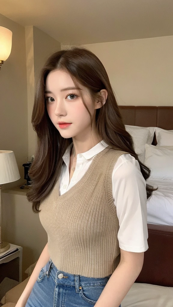 （Lively， high resolution：1.3）， 1 girl with perfect figure， The face and eyes are very detailed，long hair， random color vest：1.2， Short jeans， Large target ，Baogou,bedroom,brown hair,