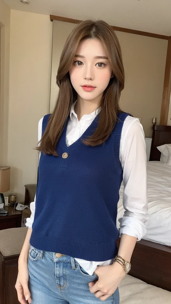 (Lively, high resolution:1.3), 1 girl with perfect figure, The face and eyes are very detailed,long hair, random color vest:1.2, Short jeans, Large target ,Baogou,bedroom,brown hair,