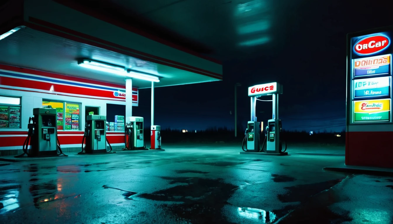 first person view inside a gas station store, ominous night