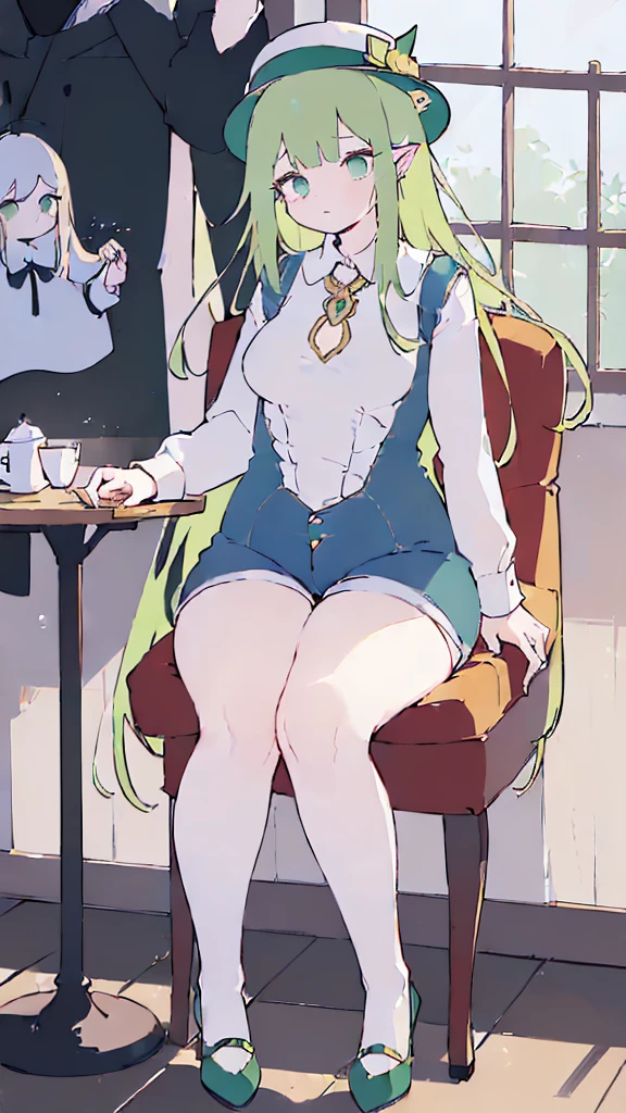 (flat:1.5),(cafe, window, sunlight, table, chair, sedentary:1.5) (big ass, thick thighs:0.7), (warm light source:1.2), intricate details, volumetric lighting, Realism BREAK(masterpiece:1.2), (top quality), 4K, ultra detail, (Dynamic configuration:1.4), Very detailed and colorful details,(rainbow colors:1.2), (shining lights, atmospheric lighting), dreamy, magical, (alone:1.2), intricate details, cheeky expression, (big breasts:1.5), (green eyes:1.5), (a devastated expression, dead eyes, dark atmosphere:1.5), (Green long hair:1.5), (shoes, buttoned dress shirt, Small hat,Small and tight denim shorts:1.5), (chubby), (beautiful eyes, flushing:1.5),(human ear,thin legs:1.5),(chair에 sedentary, diagonal shot:1.5), (embarrassing:1.5),(diagonal shot:1.5)