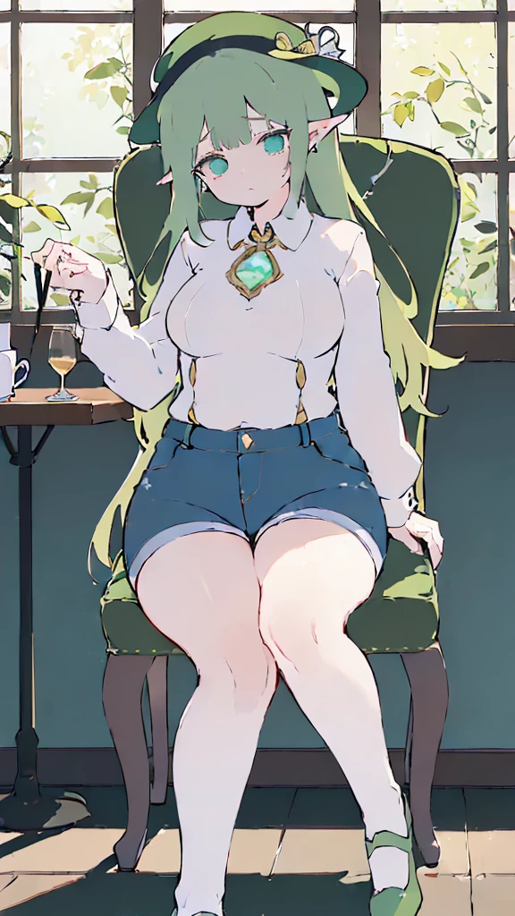(flat:1.5),(cafe, window, sunlight, table, chair, sedentary:1.5) (big ass, thick thighs:0.7), (warm light source:1.2), intricate details, volumetric lighting, Realism BREAK(masterpiece:1.2), (top quality), 4K, ultra detail, (Dynamic configuration:1.4), Very detailed and colorful details,(rainbow colors:1.2), (shining lights, atmospheric lighting), dreamy, magical, (alone:1.2), intricate details, cheeky expression, (big breasts:1.5), (green eyes:1.5), (a devastated expression, dead eyes, dark atmosphere:1.5), (Green long hair:1.5), (shoes, buttoned dress shirt, Small hat,Small and tight denim shorts:1.5), (chubby), (beautiful eyes, flushing:1.5),(human ear,thin legs:1.5),(chair에 sedentary, diagonal shot:1.5), (embarrassing:1.5),(diagonal shot:1.5)