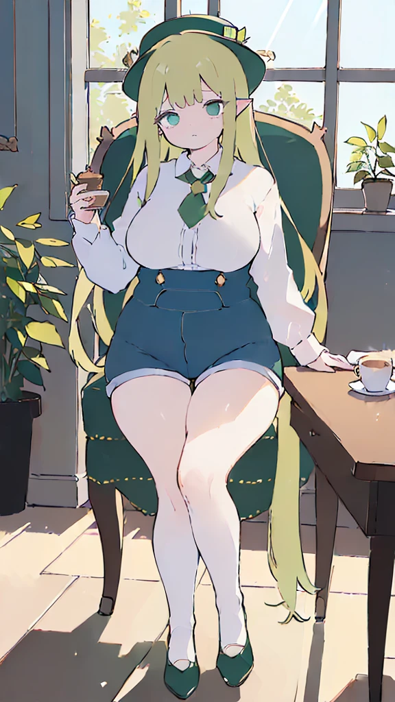 (flat:1.5),(cafe, window, sunlight, table, chair, sedentary:1.5) (big ass, thick thighs:0.7), (warm light source:1.2), intricate details, volumetric lighting, Realism BREAK(masterpiece:1.2), (top quality), 4K, ultra detail, (Dynamic configuration:1.4), Very detailed and colorful details,(rainbow colors:1.2), (shining lights, atmospheric lighting), dreamy, magical, (alone:1.2), intricate details, cheeky expression, (big breasts:1.5), (green eyes:1.5), (a devastated expression, dead eyes, dark atmosphere:1.5), (Green long hair:1.5), (shoes, buttoned dress shirt, Small hat,Small and tight denim shorts:1.5), (chubby), (beautiful eyes, flushing:1.5),(human ear,thin legs:1.5),(chair에 sedentary, diagonal shot:1.5), (embarrassing:1.5),(diagonal shot:1.5)