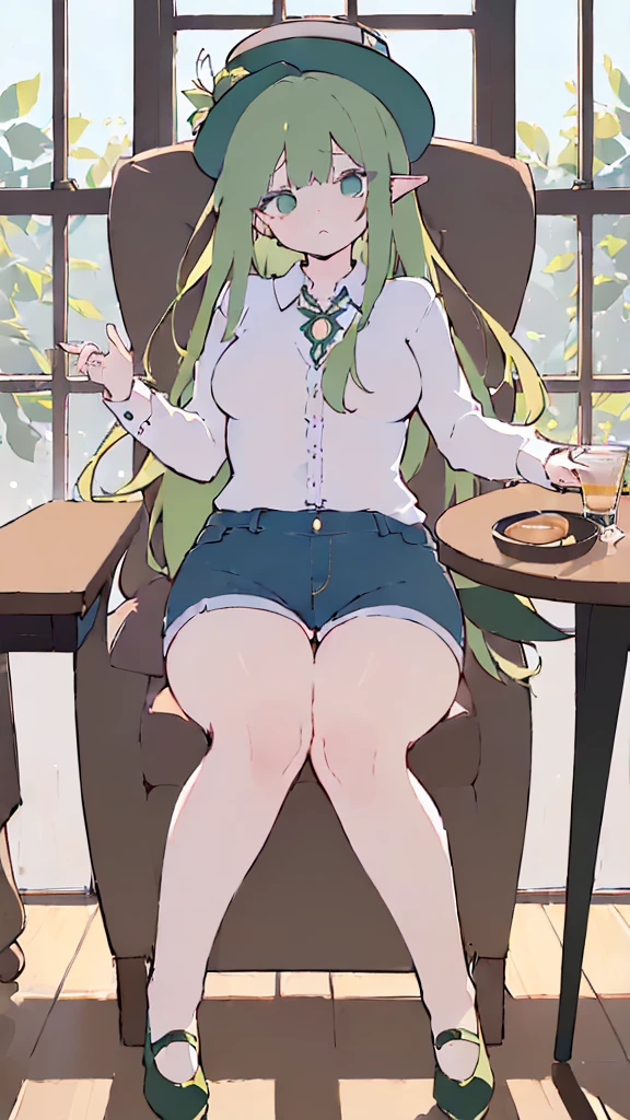 ,(cafe, window, sunlight, table, chair, sedentary:1.5) (big ass, thick thighs:0.7), (warm light source:1.2), intricate details, volumetric lighting, Realism BREAK(masterpiece:1.2), (top quality), 4K, ultra detail, (Dynamic configuration:1.4), Very detailed and colorful details,(rainbow colors:1.2), (shining lights, atmospheric lighting), dreamy, magical, (alone:1.2), intricate details, cheeky expression, (big breasts:1.5), (green eyes:1.5), (a devastated expression, dead eyes, dark atmosphere:1.5), (Green long hair:1.5), (shoes, buttoned dress shirt, Small hat,Small and tight denim shorts:1.5), ( Belly Fat, thick thighs,thick ass:1.5), (beautiful eyes, flushing:1.5),(human ear,thin legs:1.5),(chair에 sedentary, diagonal shot:1.5), (embarrassing:1.5),(diagonal shot:1.5)