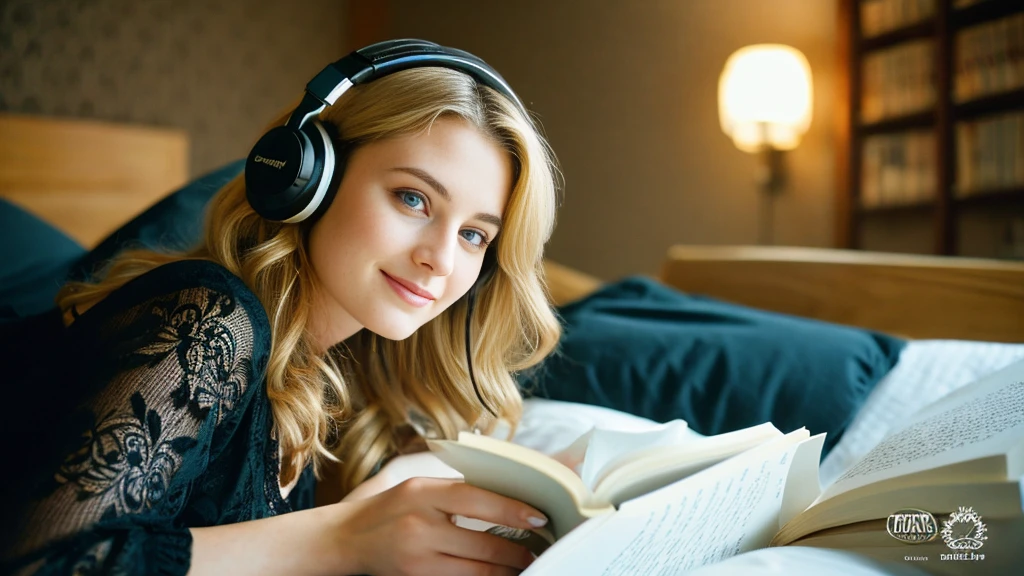 Beautiful blonde with big breasts in a black dress (Reading a book in bed late at night),Wearing headphones,Very detailed, 21 years old, Innocent face, Naturally Wavy Hair, blue eyes, High resolution, masterpiece, highest quality, Intricate details, Very detailed, Clear focus, Delicate skin, practical skin texture, texture, Delicate eyes, Professional, 4K, Cute Smile, Shot with Canon, 85mm, Shallow and deep,  Kodak Vision Color, Exactly, Very detailed, photograph_\(Extremist\), photographpractical, practical, Post-processing, Maximum details, Roughness, Real Life, Extremist practical, Photorealism, photographgraphy, 8K Ultra HD, photographgraphy