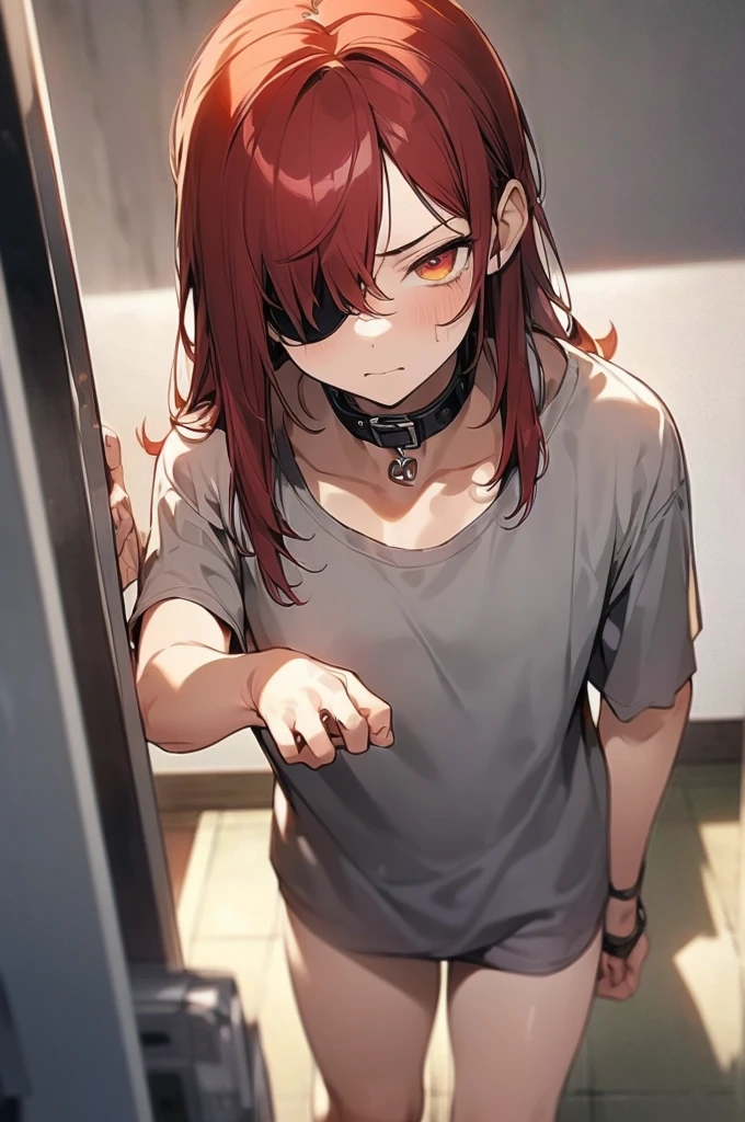 {masterpiece, distinct_image, extremely detailed CG, beautiful eyes and detailed face, 4k, 8k, high_resolution, perfect_finger, medieval style, (beautiful_detailed_eyes:1.3), glitter, yellow_light,{1boy, face_focus,full body, looking for_in_viewer, standing},{(shota,slave:1.3) (tattered long gray T-shirt, no pants, {thick_metal_collar:1.6}, black_right_eyepatch:1.5), (red_hair, red_eyes, long_hair, hair_over_one_eye, one_eye_covered_with_hair, asymmetrical_bangs:1.4), (tired_face, glaring, breathing:1.2), (gray_wall_prison_indoor:1.3)}}