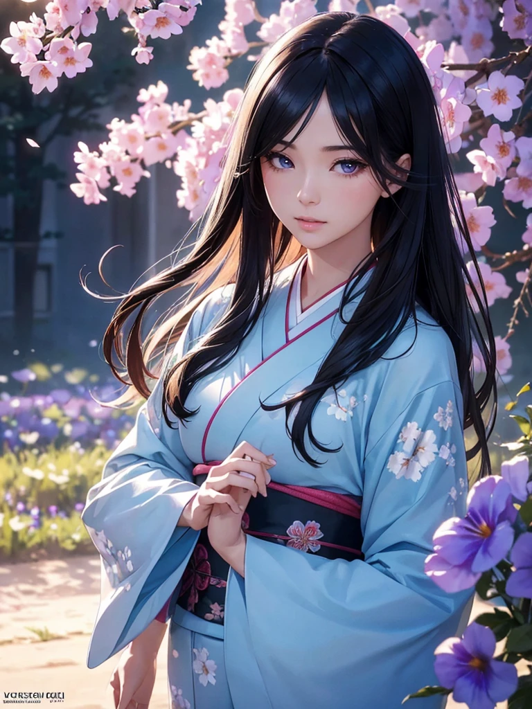 a beautiful woman in a kimono with long japanese black hair,standing in a field of blooming blue morning glory flowers,sparkling amethyst eyes,(best quality,4k,8k,highres,masterpiece:1.2),ultra-detailed,(realistic,photorealistic,photo-realistic:1.37),HDR,UHD,studio lighting,ultra-fine painting,sharp focus,physically-based rendering,extreme detail description,professional,vibrant colors,dramatic lighting,elegant,serene,photorealistic
