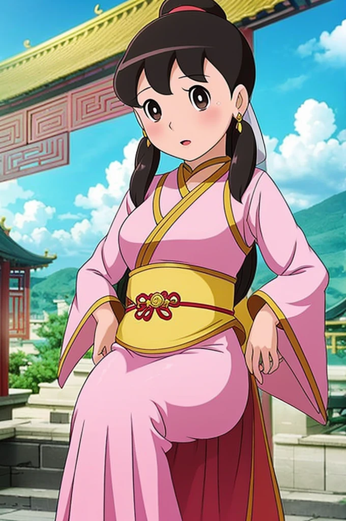 A woman in a pink dress stands in the clouds, Princesa chinesa antiga, China Princess, an ancient Chinese goddess, Chinese fantasy, Palace ，shizuka,hot, A girl in Hanfu, dreamland of chinese, chinese empress, ancient china art style, Chinese mythology, Wearing ancient Chinese clothes, Chinese style painting, a beautiful fantasy empress, ancient chinese beauti