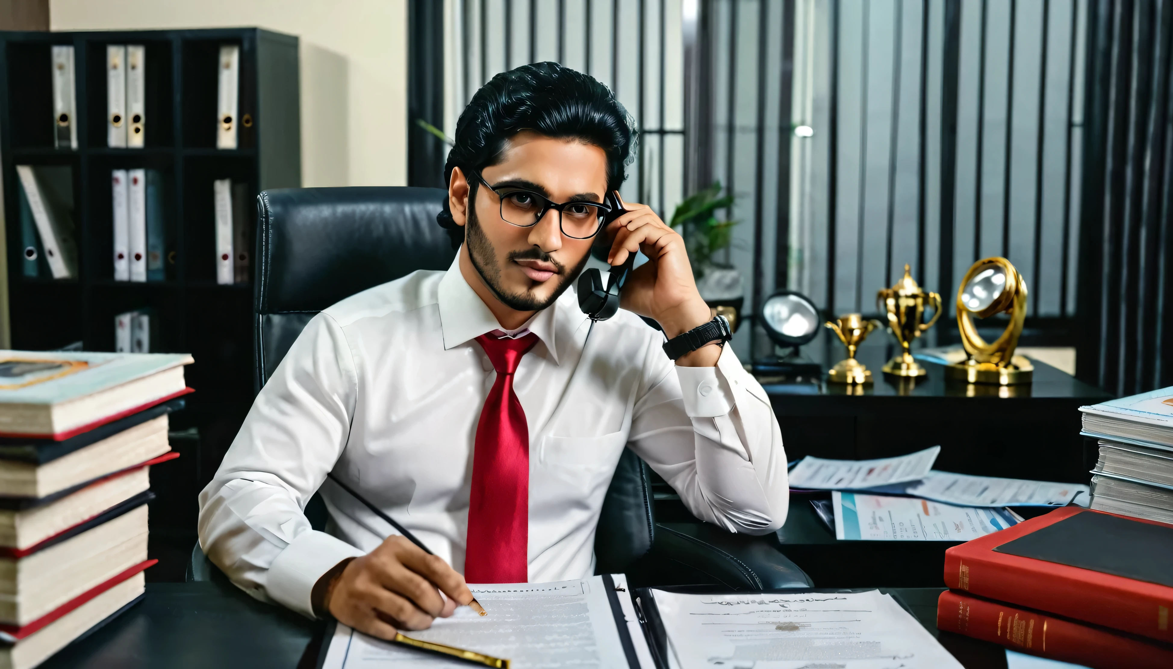 Illustrate Ramdan sitting in his luxurious office, surrounded by awards and business certificates. He was on the phone with his assistant, looking at his schedule with a faraway look in his eyes. Make sure the glasses are clear and the black hair is clearly visible. Ramdan is a 30 year old businessman, wearing a white shirt, red tie, clear glasses and black hair. (masterpiece), (reality), (4k), (detail), (cinematic).