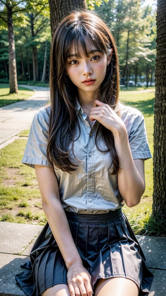 (masterpiece, best quality:1.2), octane rendering, (8k, uhd, ultra high res), professional lighting, (RAW photo:1.2), (photorealistic:1.37), (super intricate all details), (super realistic all textures), realistic photo, ultra detailed eyes, ultra sharp photo result, superrealism, Lakeside park with sunlight shining through the trees, (school uniform, shirt, skirt), japanese girl, , , skinny body, flat chest, extremely beautiful face, super detailed face, super real skin, super detailed eyes