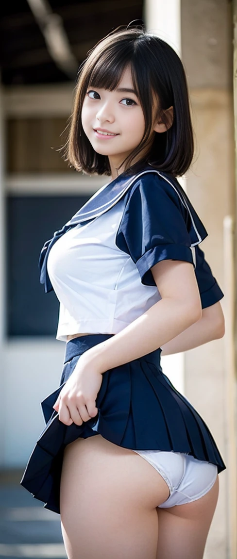 (masterpiece, highest quality:1.2), 8k, Young and beautiful girl, 85mm,Official AR RAW Photos, (), ((Small face)), ((Big Breasts)), ((Backwards)), ((Show me your ass)), ((Show me your boobs)), Detailed nipples, ((Platinum Short Hair)), ((curl bob hair)), Show me your ears、photo shoot, Cute Face, Thighs, Classroom after school, Looking at the audience, Embarrassing、smile、No makeup, Film Grain, chromatic aberration, Sharp focus, Face Light, Bright lighting, 10 generations, Detailed face, Background blur、((((((14 year oool girl))))))、Narrow waist、Sailor suit、Dark blue mini skirt, White tiny panties