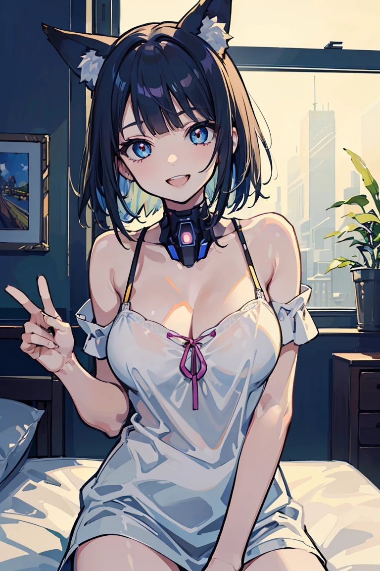 (1 girl), (Fox Girl), beast耳, (super high quality), masterpiece, Cowboy Shot,(Relax in your room), (Sit on the bed), White and gold gradient hair, White skin, innovative, beast, Casual Scene, Relaxed atmosphere, (Mature fashion), She is wearing fashionable clothes, Perfect body, (E Cup:1.2),Prank, ((Wicked Smile)), teeth, Dark Eyes,Fresh, (Asymmetrical bangs:1.3),length Hair, Highly detailed face and eyes, length, Narrow eyes,cyber punk, sf, (Expose your shoulders), Digital Art, beautiful, Cinema Lighting, by Yusuke Murata.tonality, Romanticism, modern art, Impressionism, reflected light, 8k, masterpiece, Advanced Details, highest quality, Only 5 fingers,Accurate anatomy