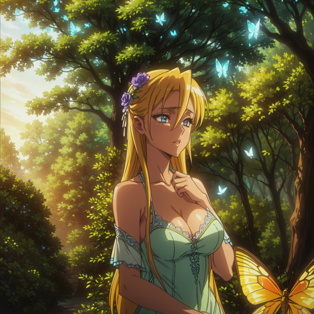 beautiful sexy girl in mystical forest, fantasy forest fairy, elegant flowing dress, long hair, beautiful detailed eyes, beautiful detailed lips, extremely detailed face, longeyelashes, intricate floral crown, glowing butterflies, sunlight streaming through trees, vibrant colors, photorealistic, masterpiece, 8k