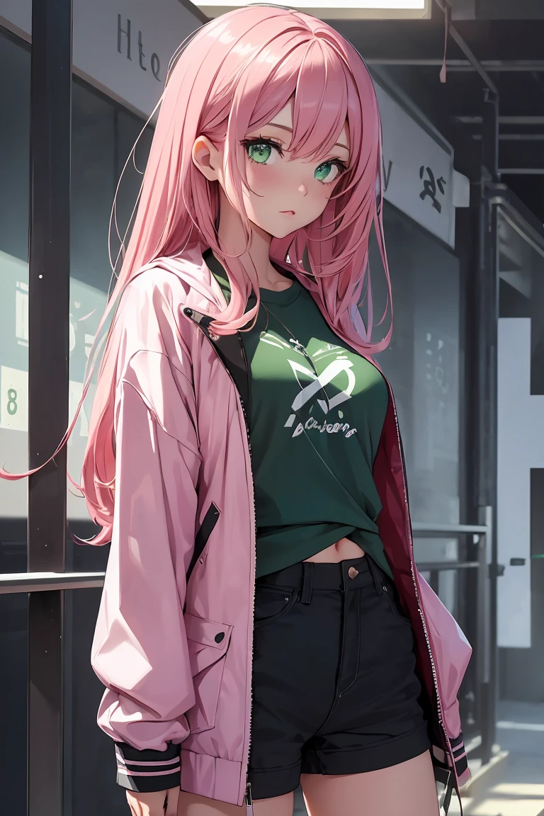 ((1 girl)), Latest Fashion Trends ,Open chest,Jacket ,T-Shirts, Shorts,((Very detailed,highest quality, High resolution, 8k wallpaper, Beautiful clothes,)),((Pink Hair, Long Hair,Straight hair,Both sides up)) ,(Green Eyes),eye shadow, eyeliner,Glow Eye, Very detailedな目, Complex eyes, Beautiful Eyes, 輝くGreen Eyes,18-year-old girl, peak