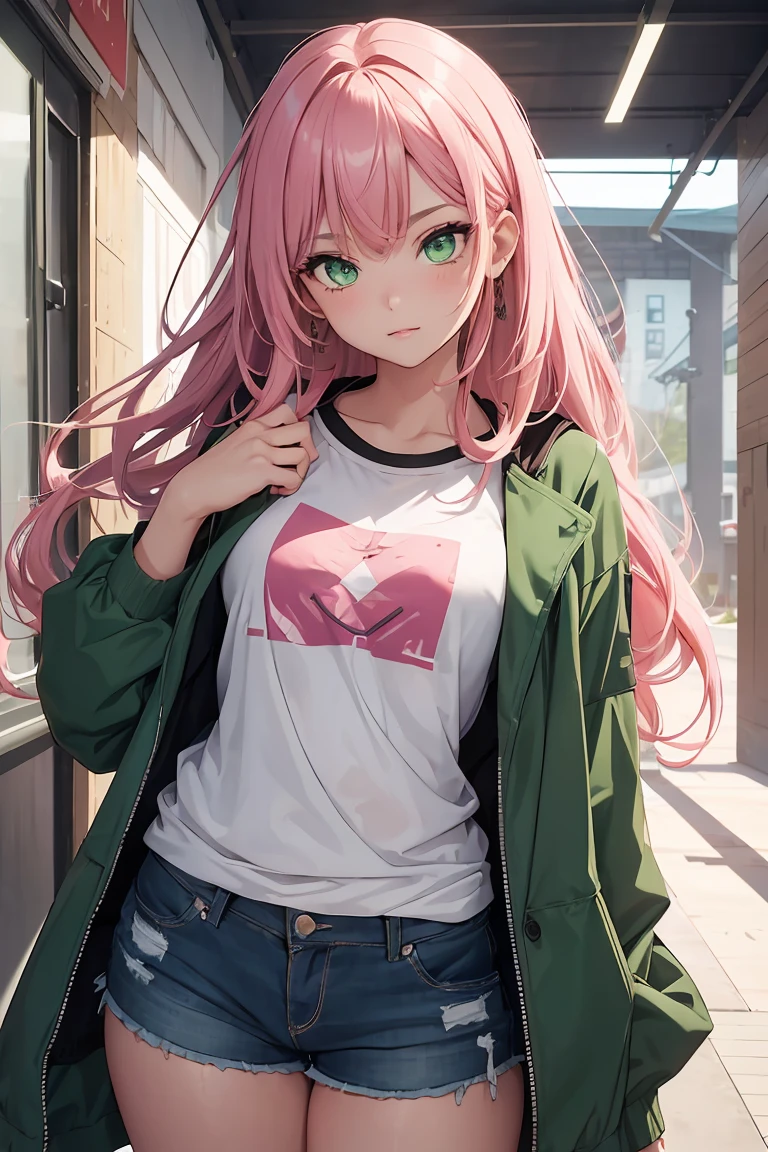 ((1 girl)), Latest Fashion Trends ,Open chest,Jacket ,T-Shirts, Shorts,((Very detailed,highest quality, High resolution, 8k wallpaper, Beautiful clothes,)),((Pink Hair, Long Hair,Straight hair,Both sides up)) ,(Green Eyes),eye shadow, eyeliner,Glow Eye, Very detailedな目, Complex eyes, Beautiful Eyes, 輝くGreen Eyes,18-year-old girl, peak