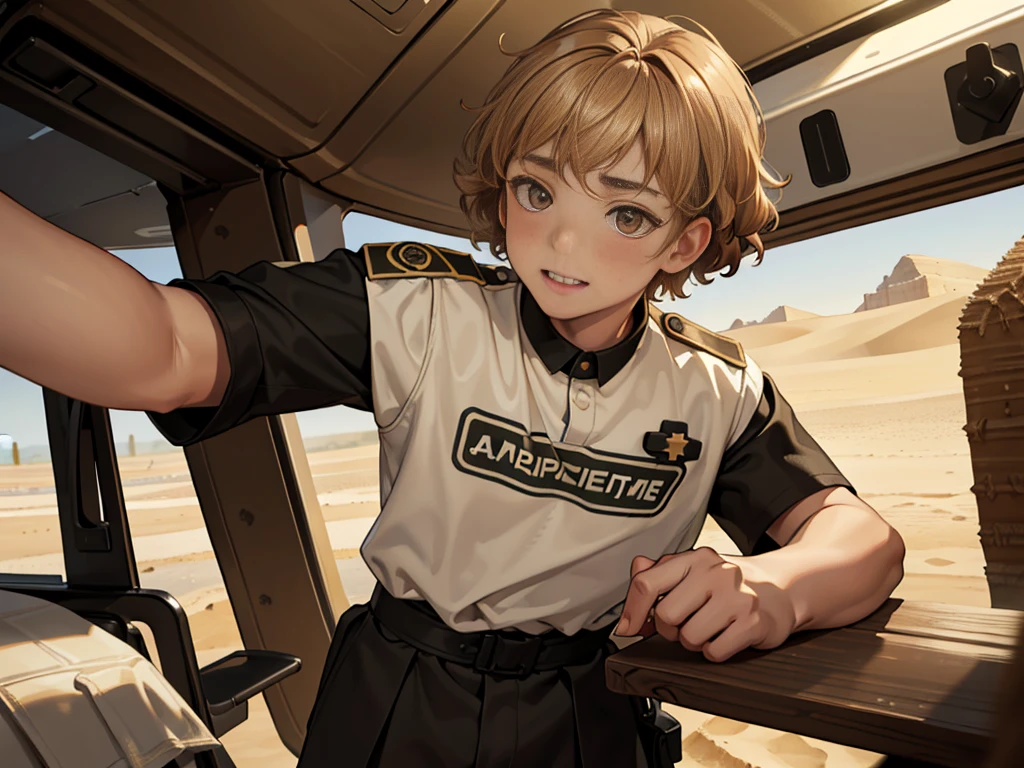 (masuter piece, best quality, very detailed), (fine face), 1 boy, 13 year old boy、standing、from the waist up、golden hair、curly hair、bangs、lots of bangs、brown Eyes、Slight smile、Plump、t-shirt 、Game graphics、Ilya Repin , (in desert:1.5) , (ambulance:1.5)