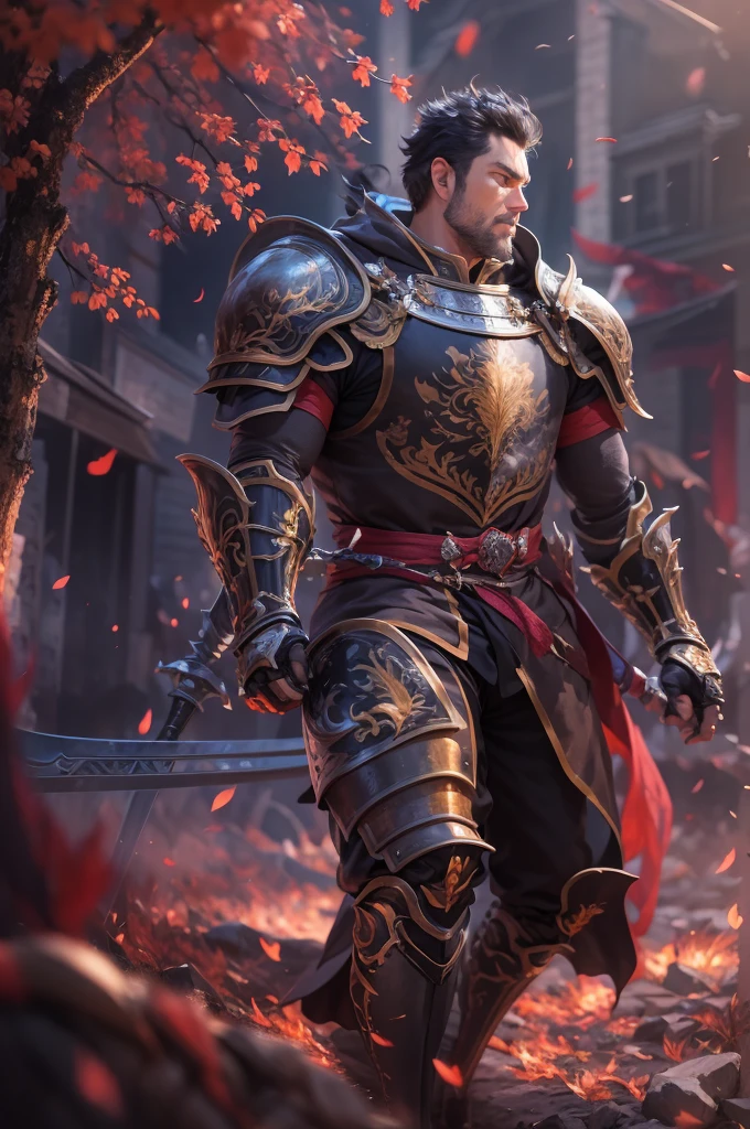 8K,knight with sword,Gorgeous extra large armor(The elaborately crafted coat of arms of a nobleman),classy pants,ultra high resolution,surreal,realistic skin,Black hair short hair,big red eyes,muscular body,Purfluz,background,battlefield,waist armor,delicate hands, Perfect hand shape, character art,Battle scenes,action scene,action pose,masterpiece,Realistic RAW photos of the highest quality。bright colors,rich colors, backlight, movie lights, film grain, born, 50mm lens, Nikon D850,realistic skin,fantasy art,character art,ultra high resolution,realistic scale skin,forage,laugh,dynamic pose,action pose,holding it for a long time, bayonet, Male 1