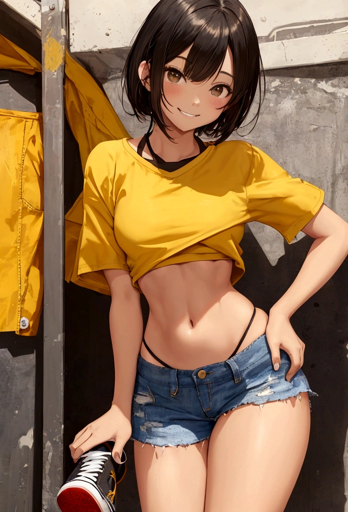 Cute girl, ripped bikini jeans, short yellow shirt that does not cover the stomach, belly showing, red sneakers, short hair, beautiful body,, bikini, lifted by the buttocks, sexy body, sexy face reddish, Shy face, excited smile