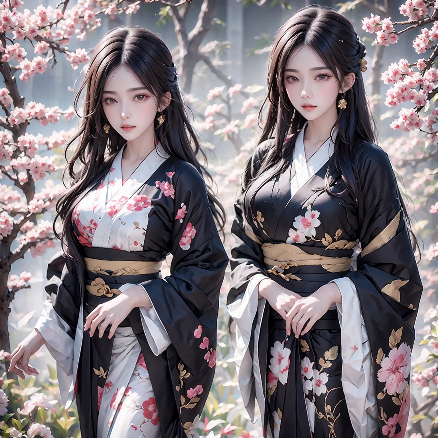 a beautiful girl with long black hair wearing a traditional japanese kimono, detailed face, intricate kimono pattern, elegant pose, detailed folds, cherry blossom tree, natural lighting, photorealistic, 8k, masterpiece